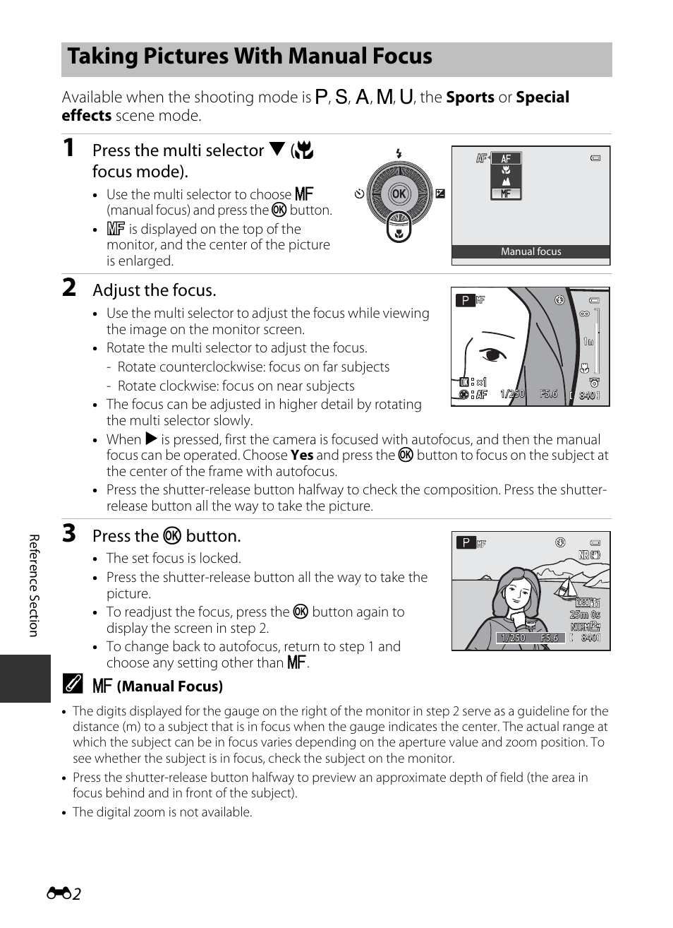 Taking pictures with manual focus, E2). th, E2) or set | Shooting, Press the multi selector i (p focus mode), Adjust the focus, Press the k button | Nikon P330 User Manual | Page 126 / 252