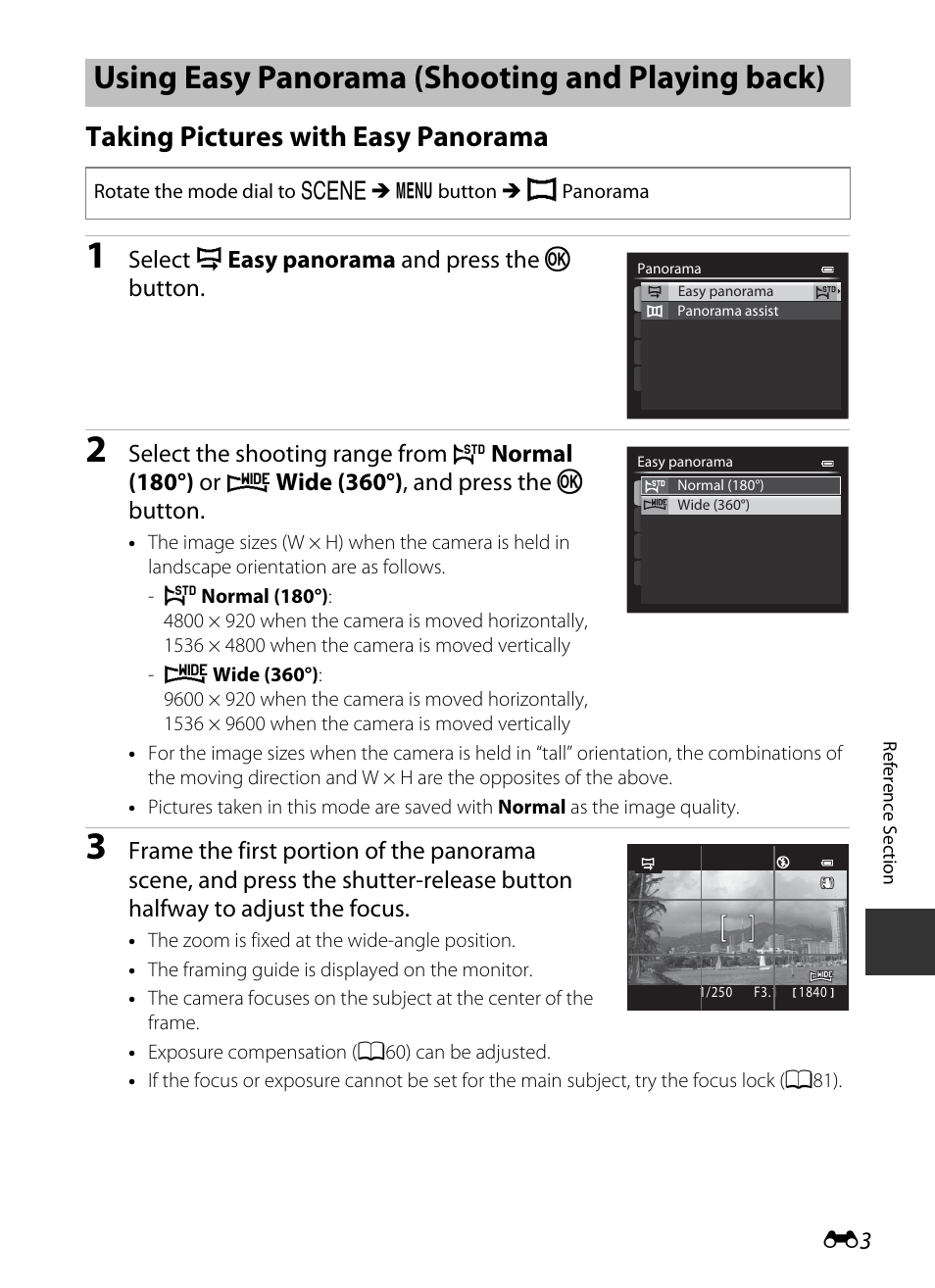 Using easy panorama (shooting and playing back), Taking pictures with easy panorama, Select v easy panorama and press the k button | Select the shooting range from, Normal (180°) or, Wide (360°) , and press the k button | Nikon P330 User Manual | Page 127 / 252