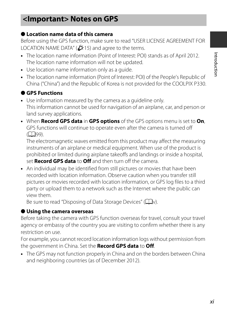 Important> notes on gps | Nikon P330 User Manual | Page 13 / 252