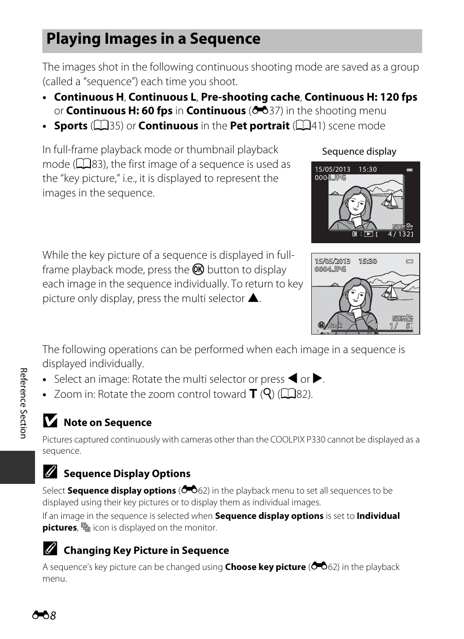 Playing images in a sequence, Playback | Nikon P330 User Manual | Page 132 / 252