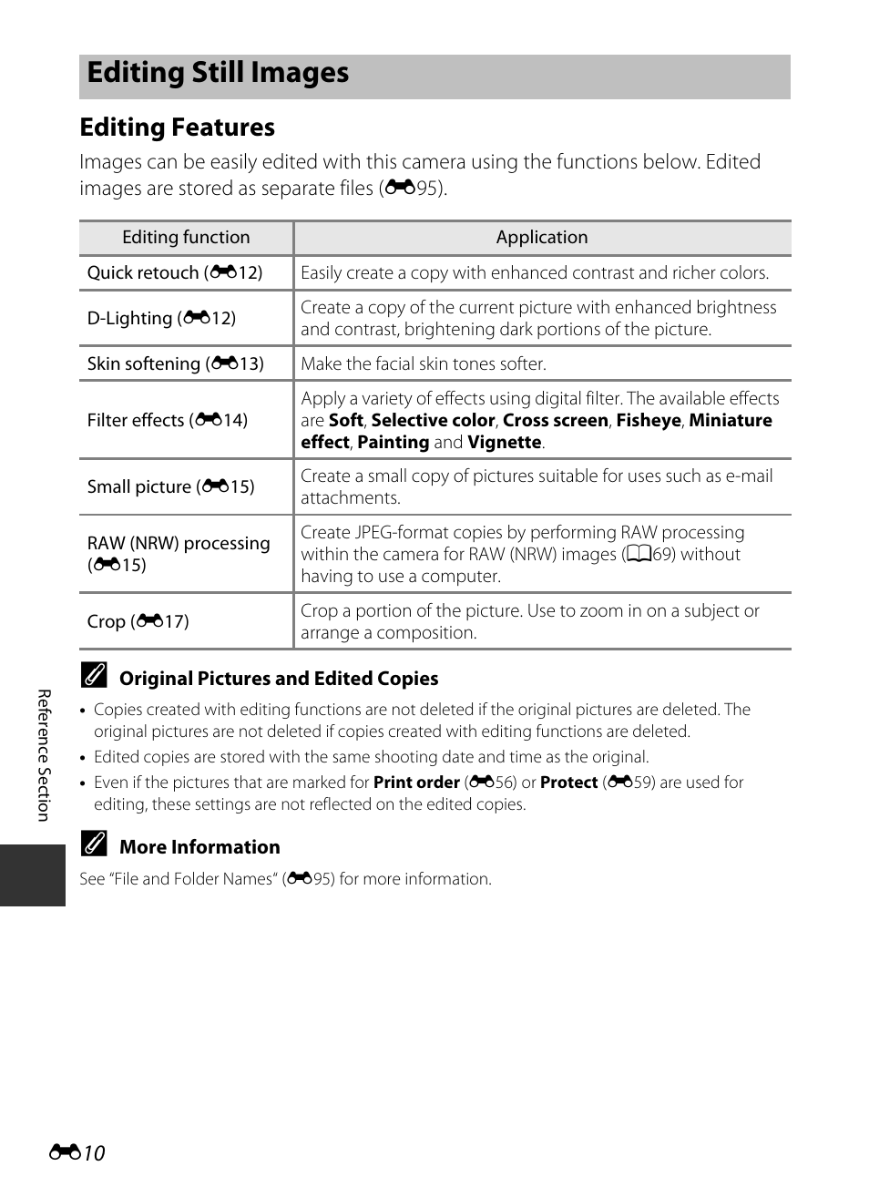 Editing still images, Editing features, E10) and “the playb | E 10 | Nikon P330 User Manual | Page 134 / 252