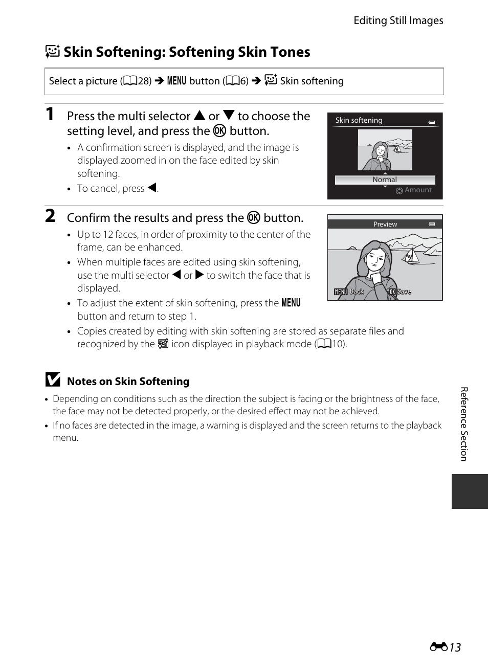 Skin softening: softening skin tones, E skin softening: softening skin tones, E 13 | Confirm the results and press the k button | Nikon P330 User Manual | Page 137 / 252