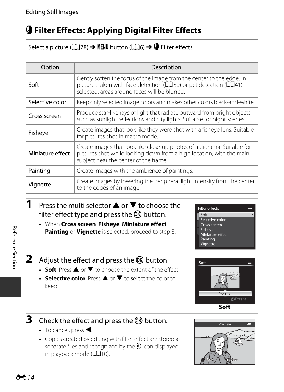 Filter effects: applying digital filter effects, P filter effects: applying digital filter effects, E14) | E 14, Adjust the effect and press the k button, Check the effect and press the k button | Nikon P330 User Manual | Page 138 / 252