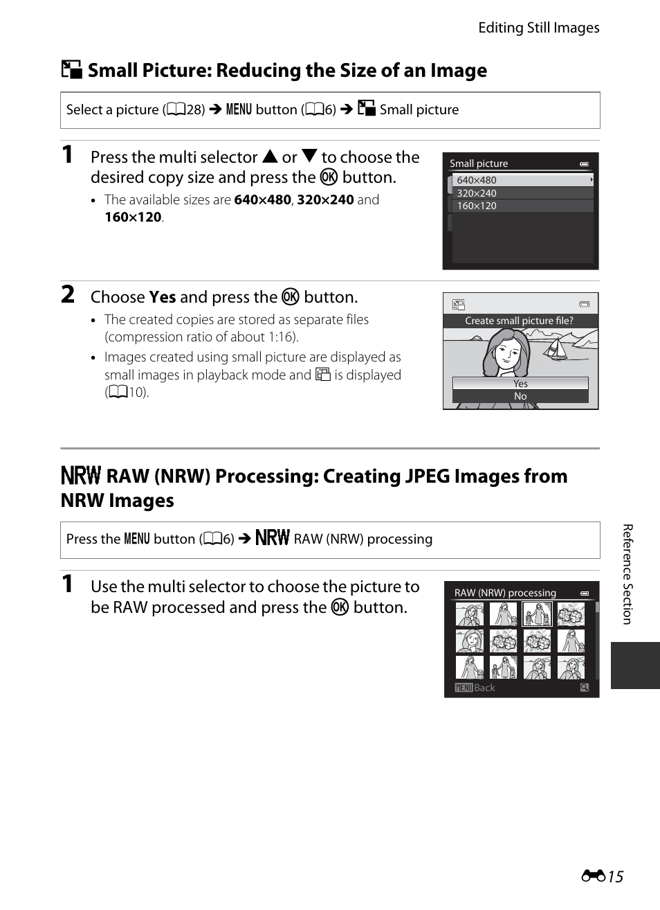 Small picture: reducing the size of an image, G small picture: reducing the size of an image, E15) | Nikon P330 User Manual | Page 139 / 252