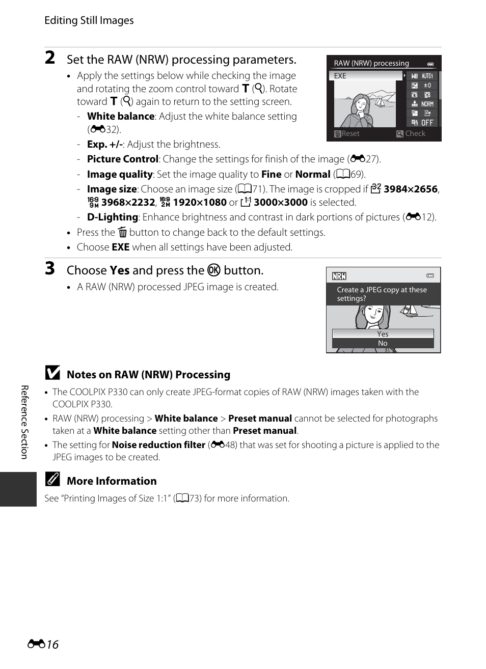 E 16, Set the raw (nrw) processing parameters, Choose yes and press the k button | Nikon P330 User Manual | Page 140 / 252