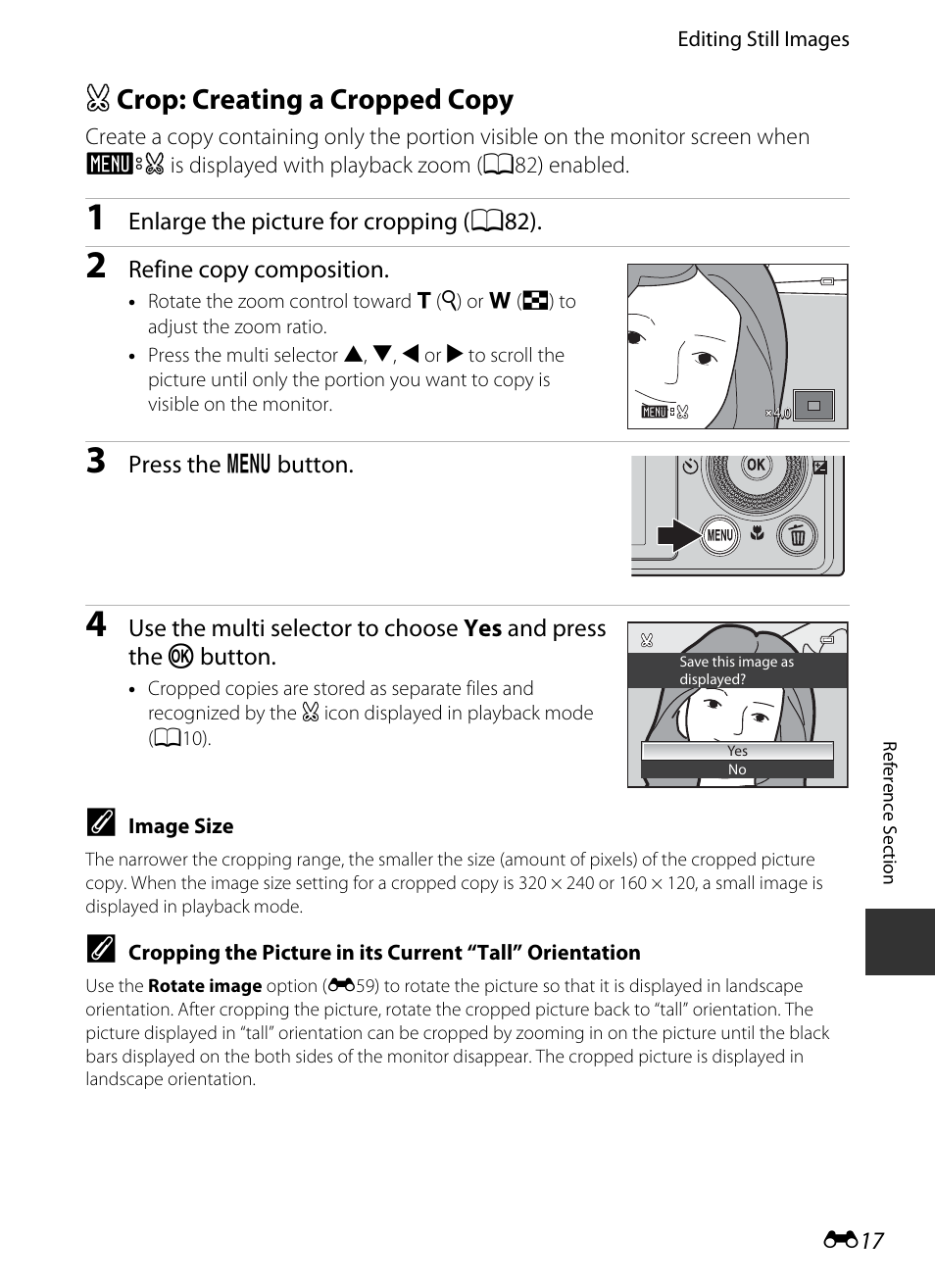 Crop: creating a cropped copy, A crop: creating a cropped copy, E17) | Nikon P330 User Manual | Page 141 / 252