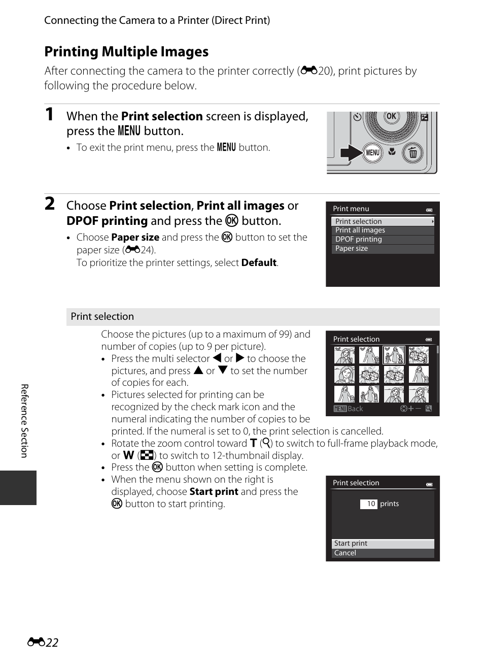 Printing multiple images, E22), E 22 | Nikon P330 User Manual | Page 146 / 252