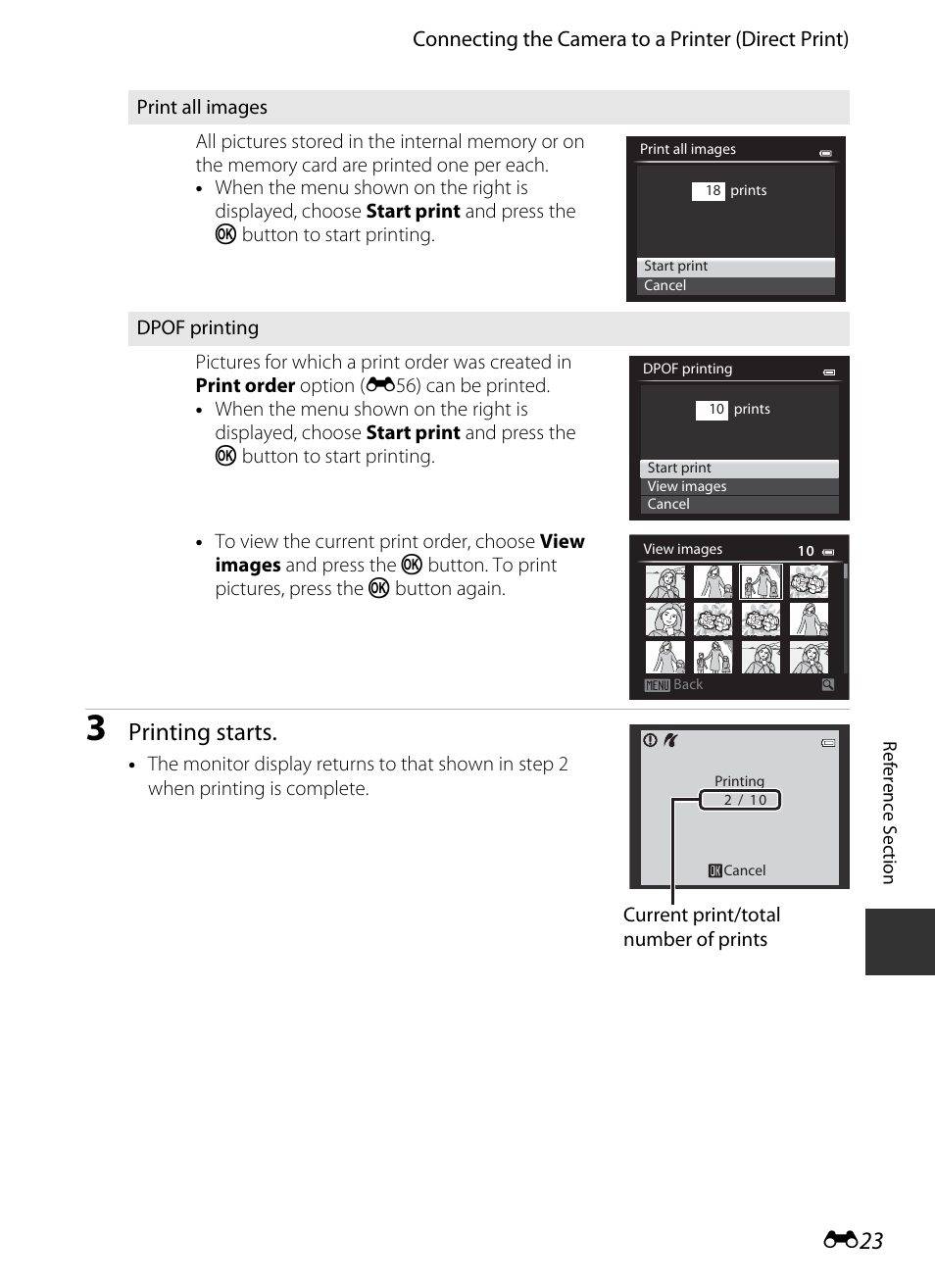 E 23, Printing starts | Nikon P330 User Manual | Page 147 / 252