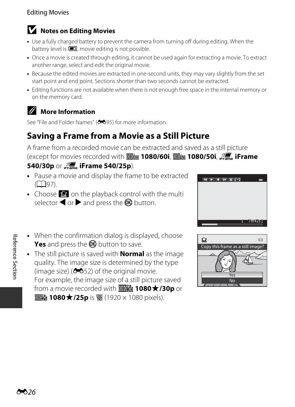 Saving a frame from a movie as a still picture, E26), E 26 | Nikon P330 User Manual | Page 150 / 252