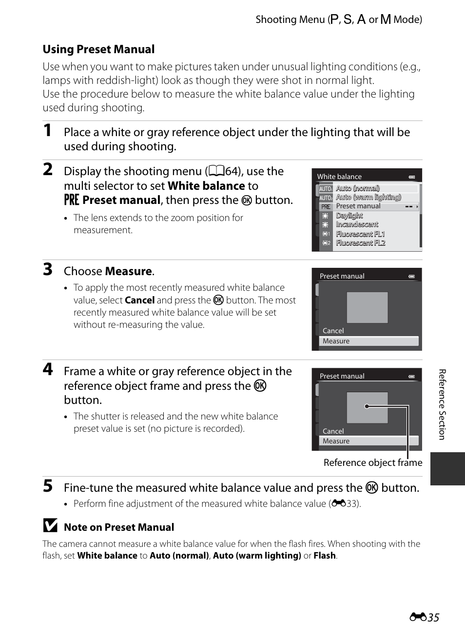 Lighting. see “using preset manual, E35) for, E 35 | Using preset manual, Button, Choose measure | Nikon P330 User Manual | Page 159 / 252