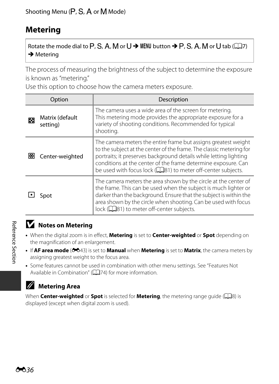 Metering, E 36 | Nikon P330 User Manual | Page 160 / 252