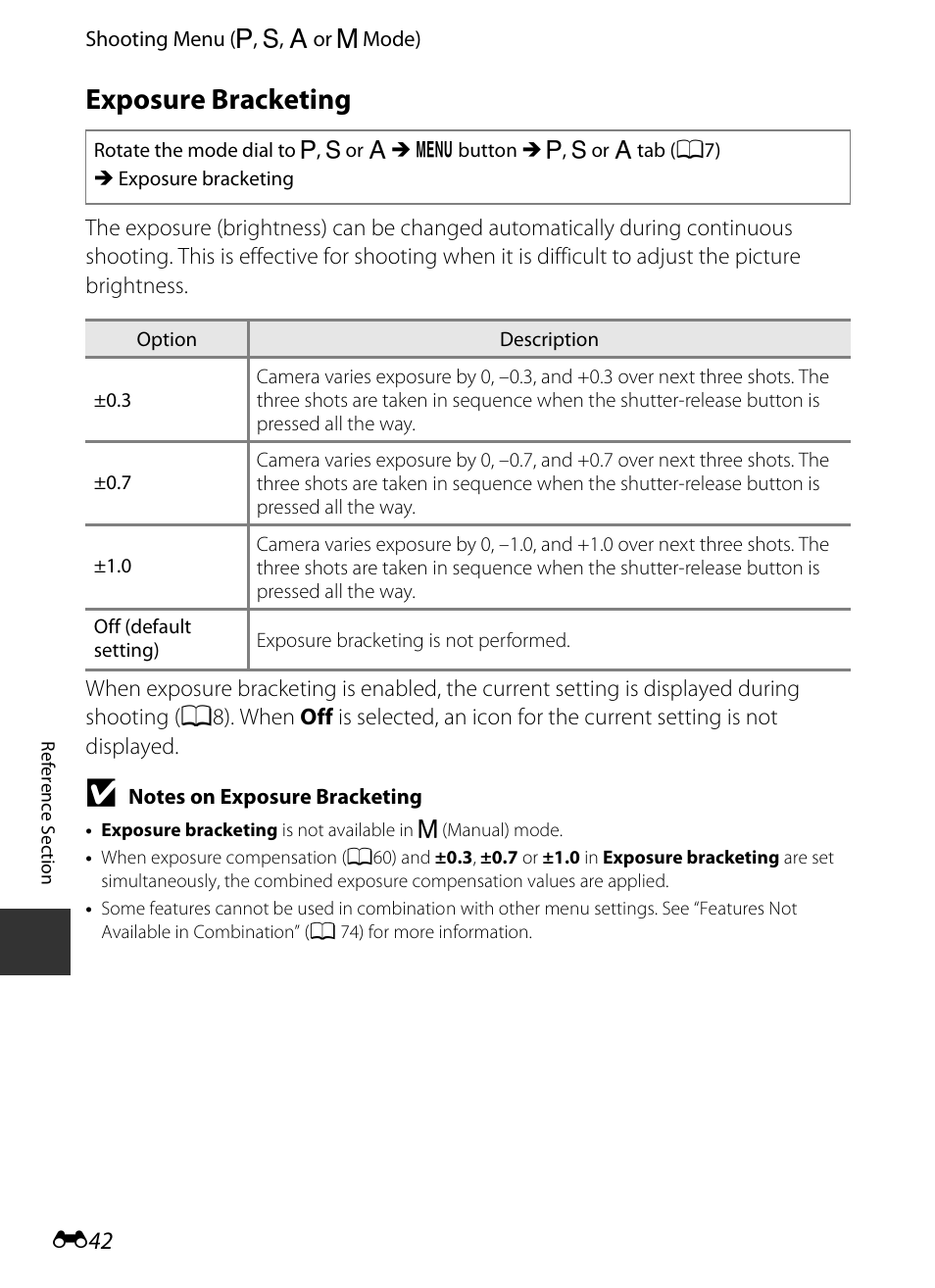 Exposure bracketing, E 42 | Nikon P330 User Manual | Page 166 / 252