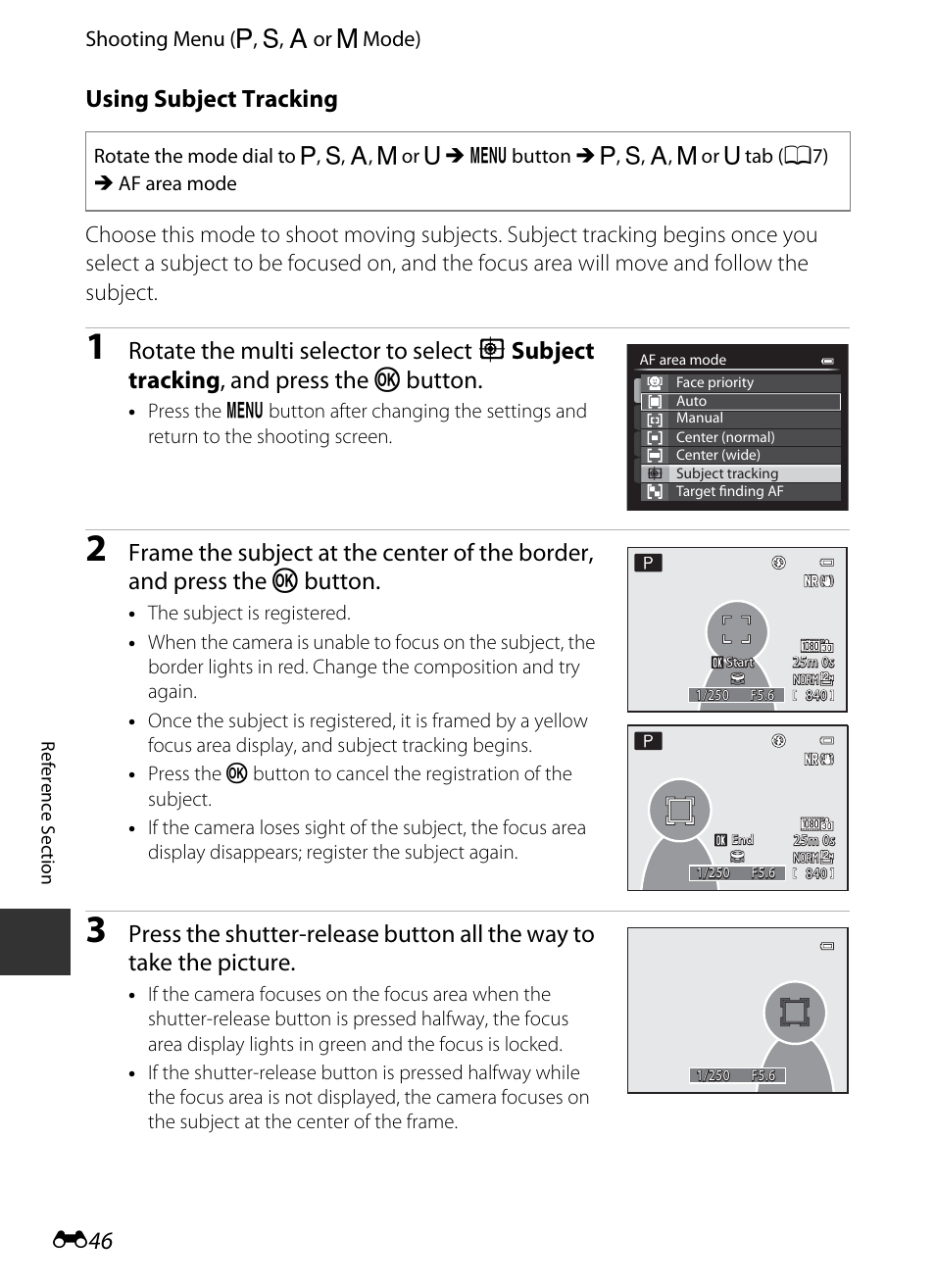 Using subject tracking, E46), E 46 | Nikon P330 User Manual | Page 170 / 252