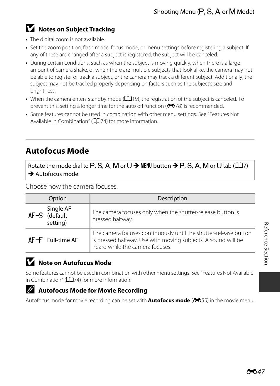 Autofocus mode, E 47 | Nikon P330 User Manual | Page 171 / 252