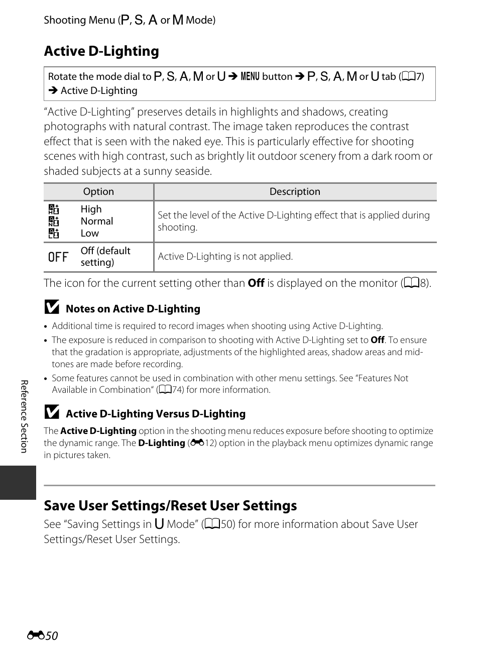 Active d-lighting, Save user settings/reset user settings, E 50 | Nikon P330 User Manual | Page 174 / 252