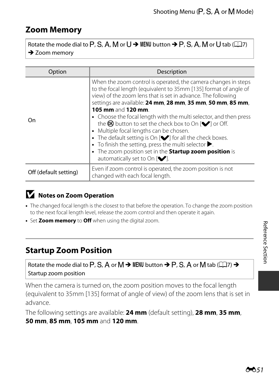 Zoom memory, Startup zoom position, E 51 | Nikon P330 User Manual | Page 175 / 252