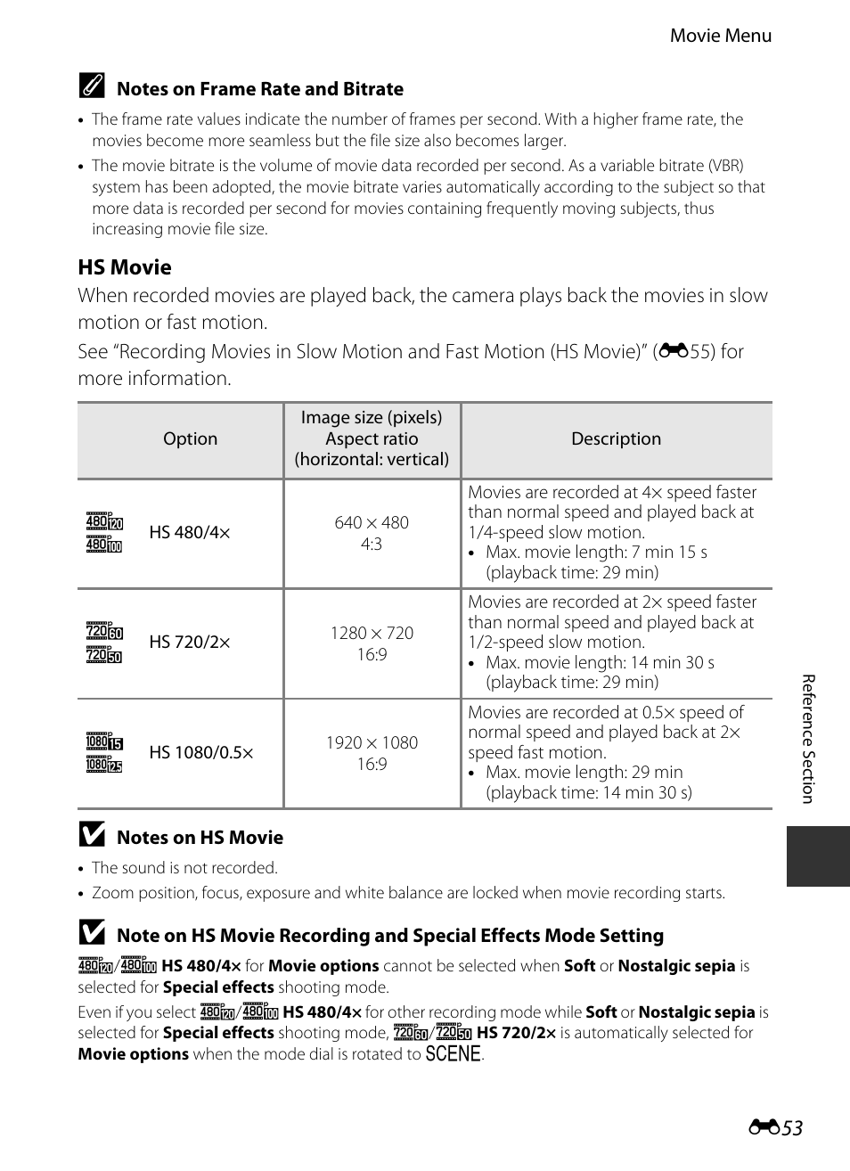 E53), E 53, Hs movie | Nikon P330 User Manual | Page 177 / 252