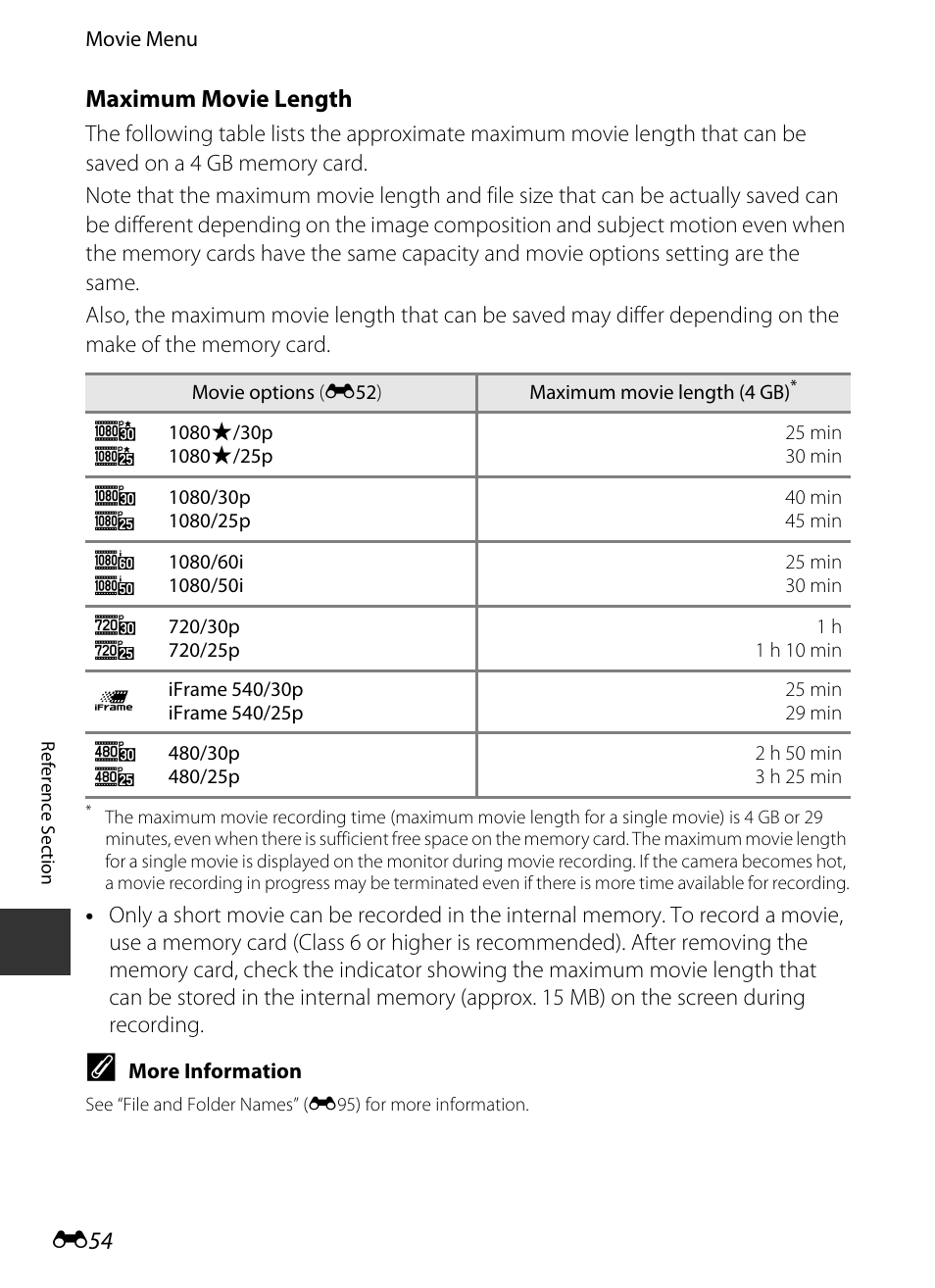 Maximum movie length, E54), E 54 | Nikon P330 User Manual | Page 178 / 252