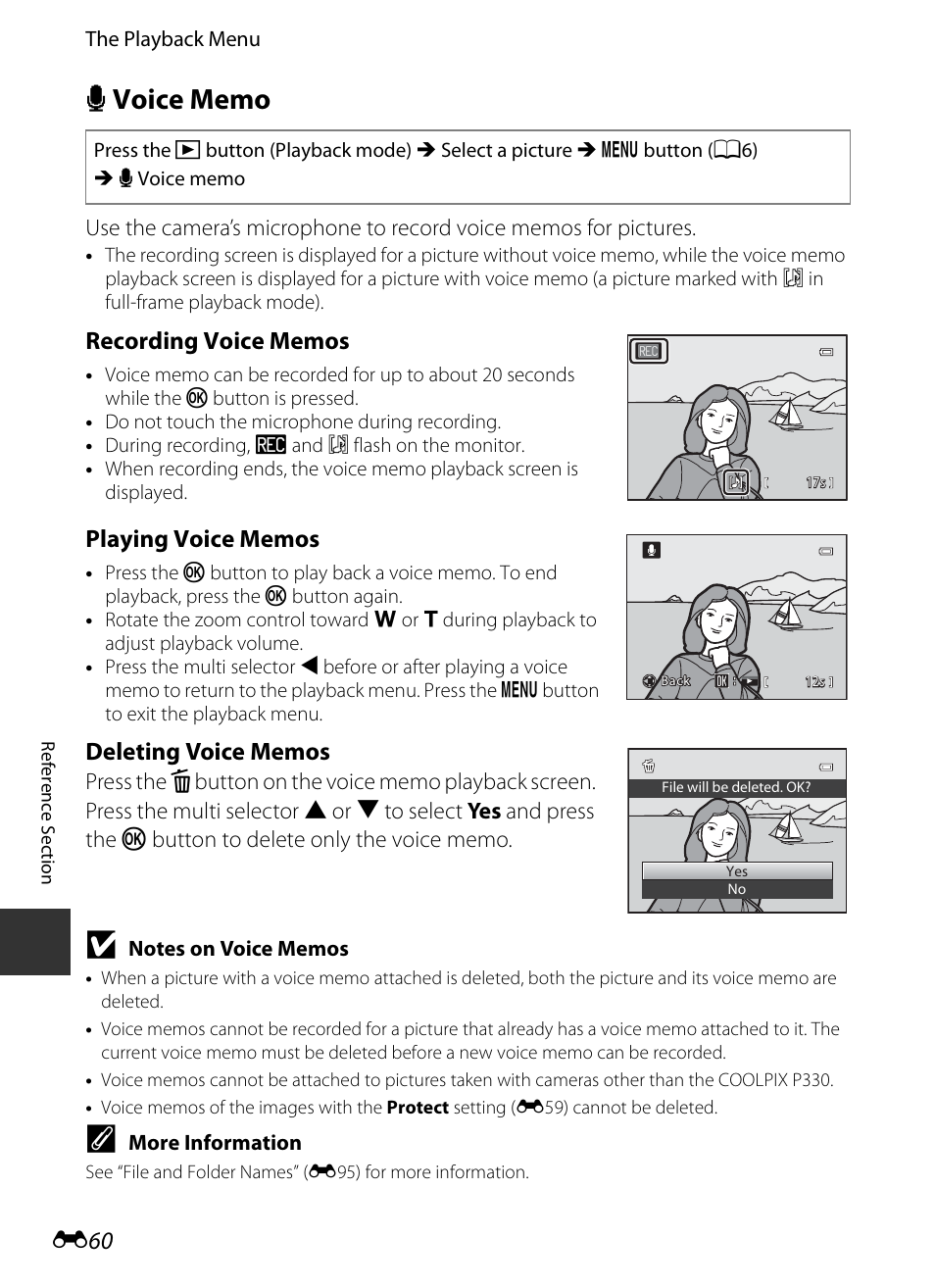 Voice memo, E 60 | Nikon P330 User Manual | Page 184 / 252