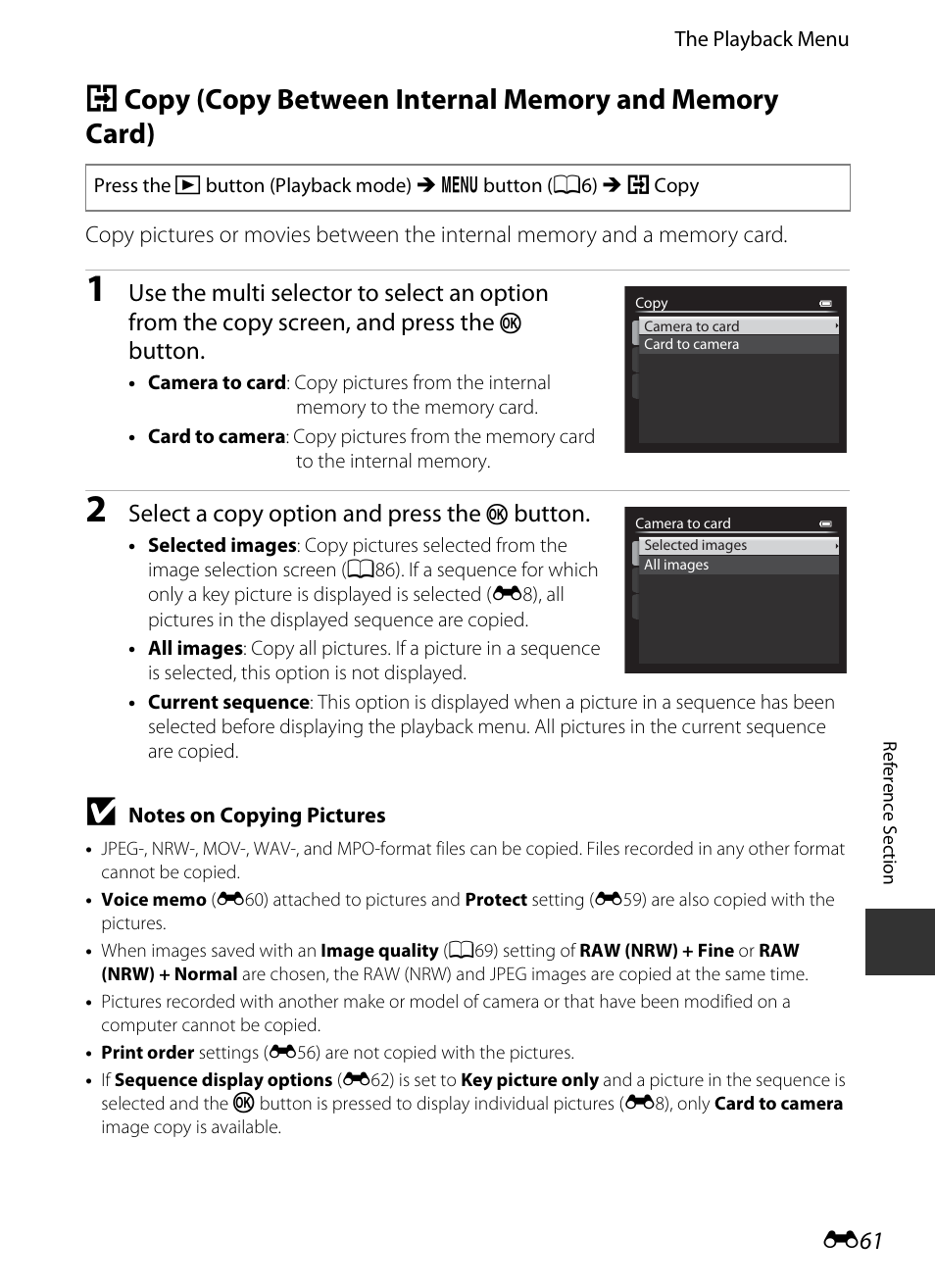 E 61, Button, Select a copy option and press the | Nikon P330 User Manual | Page 185 / 252