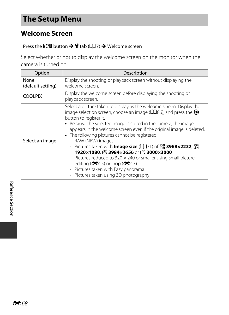 The setup menu, Welcome screen, E68) | E 68 | Nikon P330 User Manual | Page 192 / 252