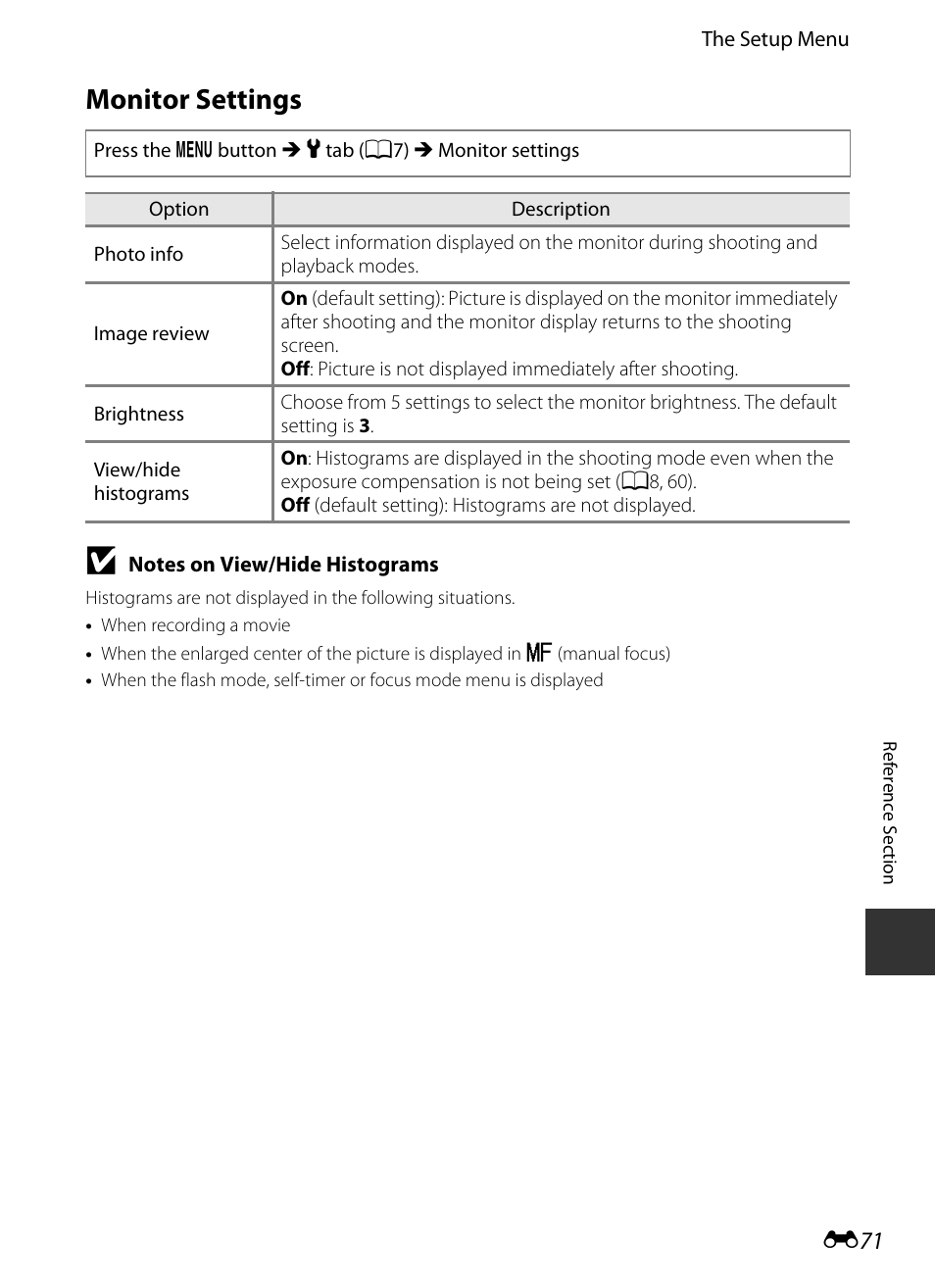 Monitor settings, E 71 | Nikon P330 User Manual | Page 195 / 252