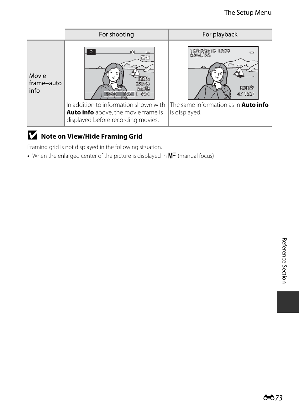 E 73, The setup menu | Nikon P330 User Manual | Page 197 / 252