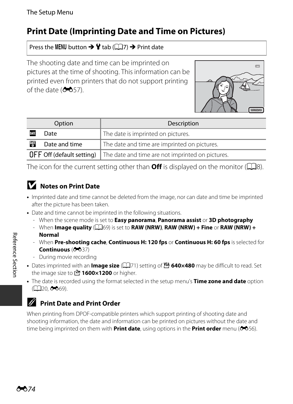 Print date (imprinting date and time on pictures), E74), E 74 | Nikon P330 User Manual | Page 198 / 252