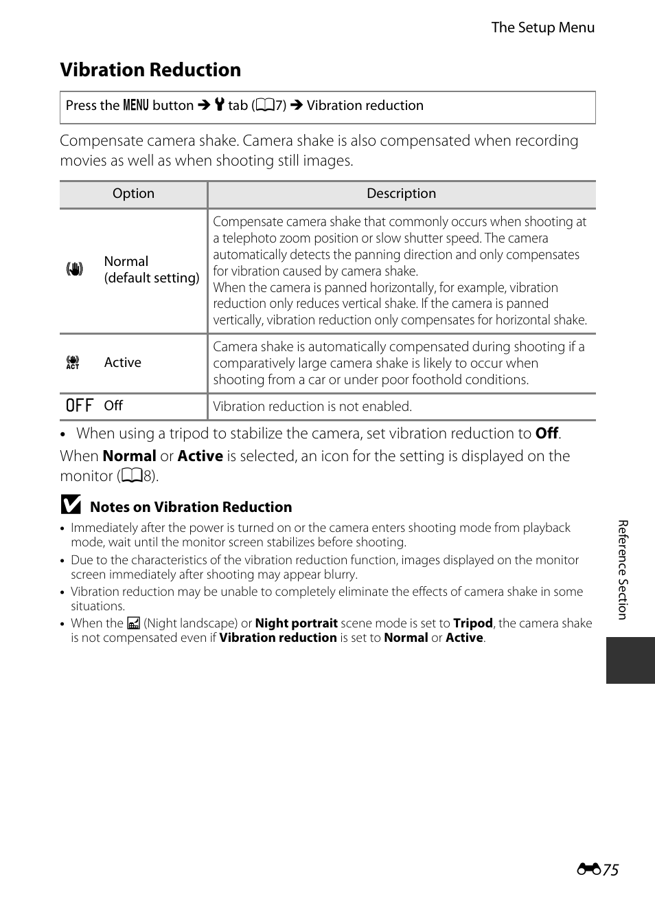 Vibration reduction, 75) to, E 75 | Nikon P330 User Manual | Page 199 / 252