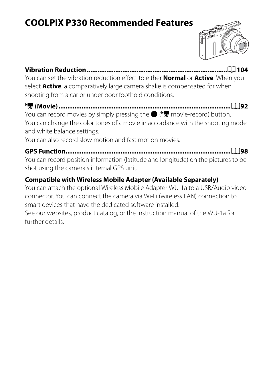 Coolpix p330 recommended features | Nikon P330 User Manual | Page 2 / 252