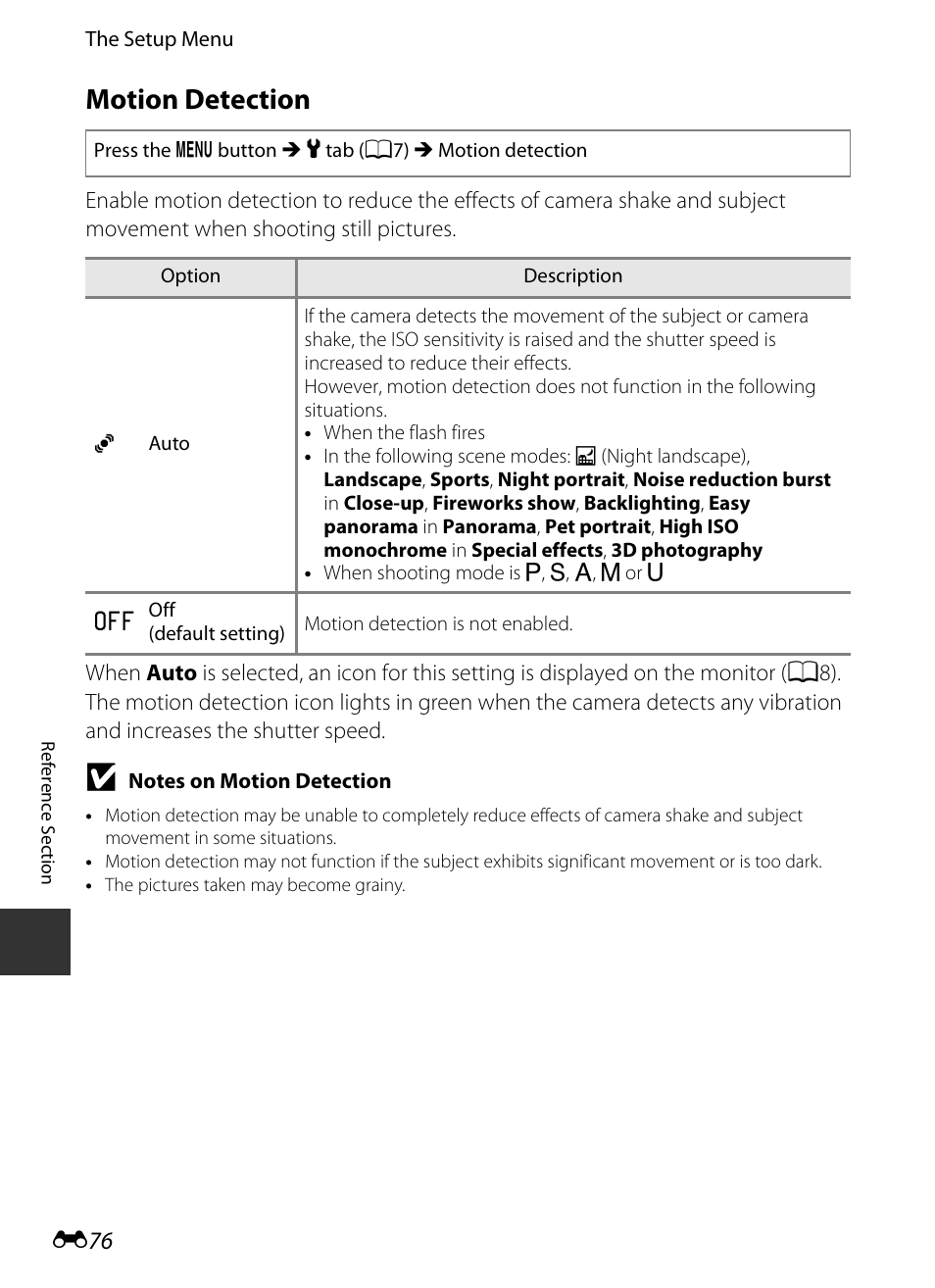 Motion detection, E 76 | Nikon P330 User Manual | Page 200 / 252