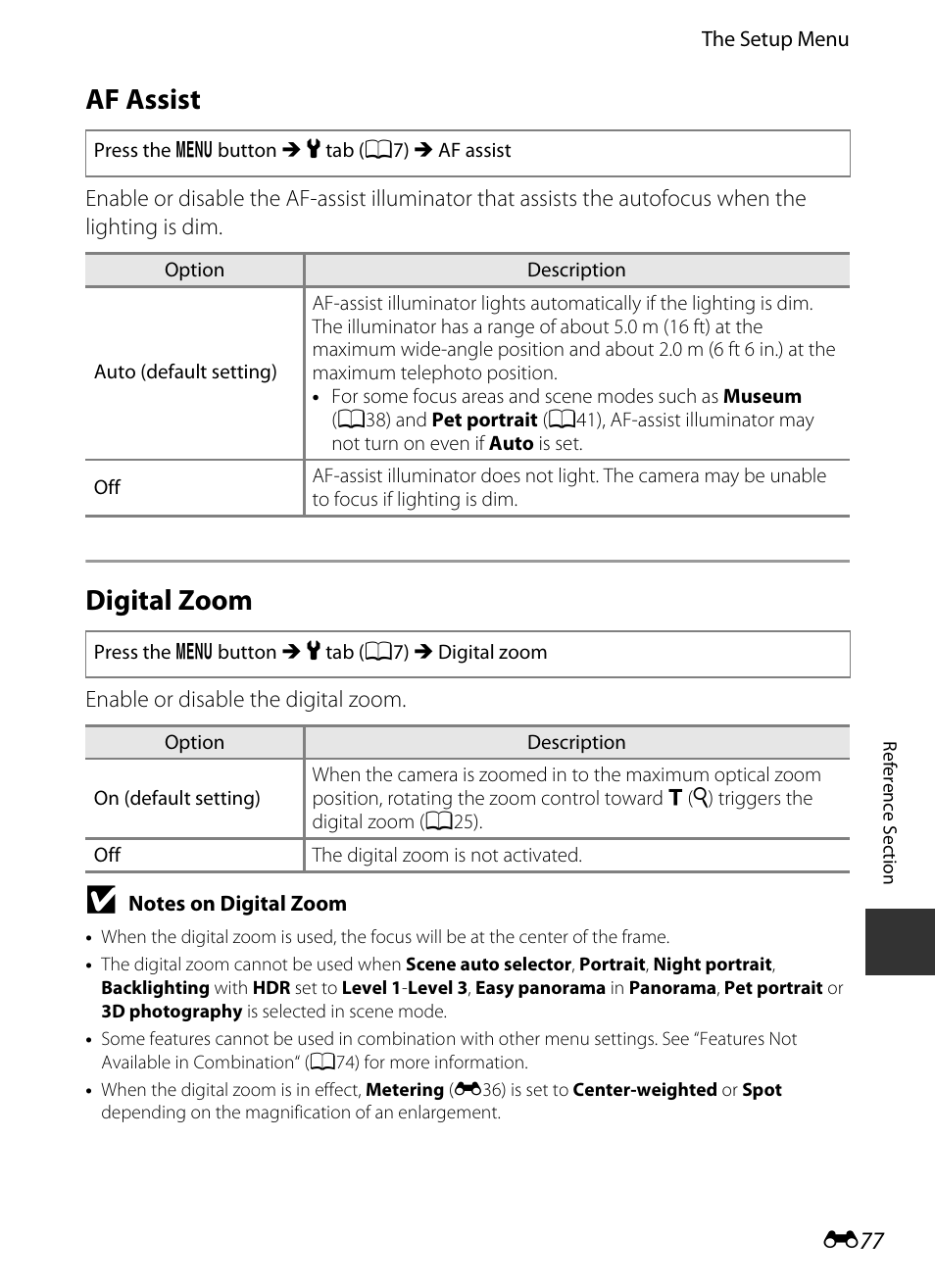 Af assist, Digital zoom, E77) | E 77 | Nikon P330 User Manual | Page 201 / 252