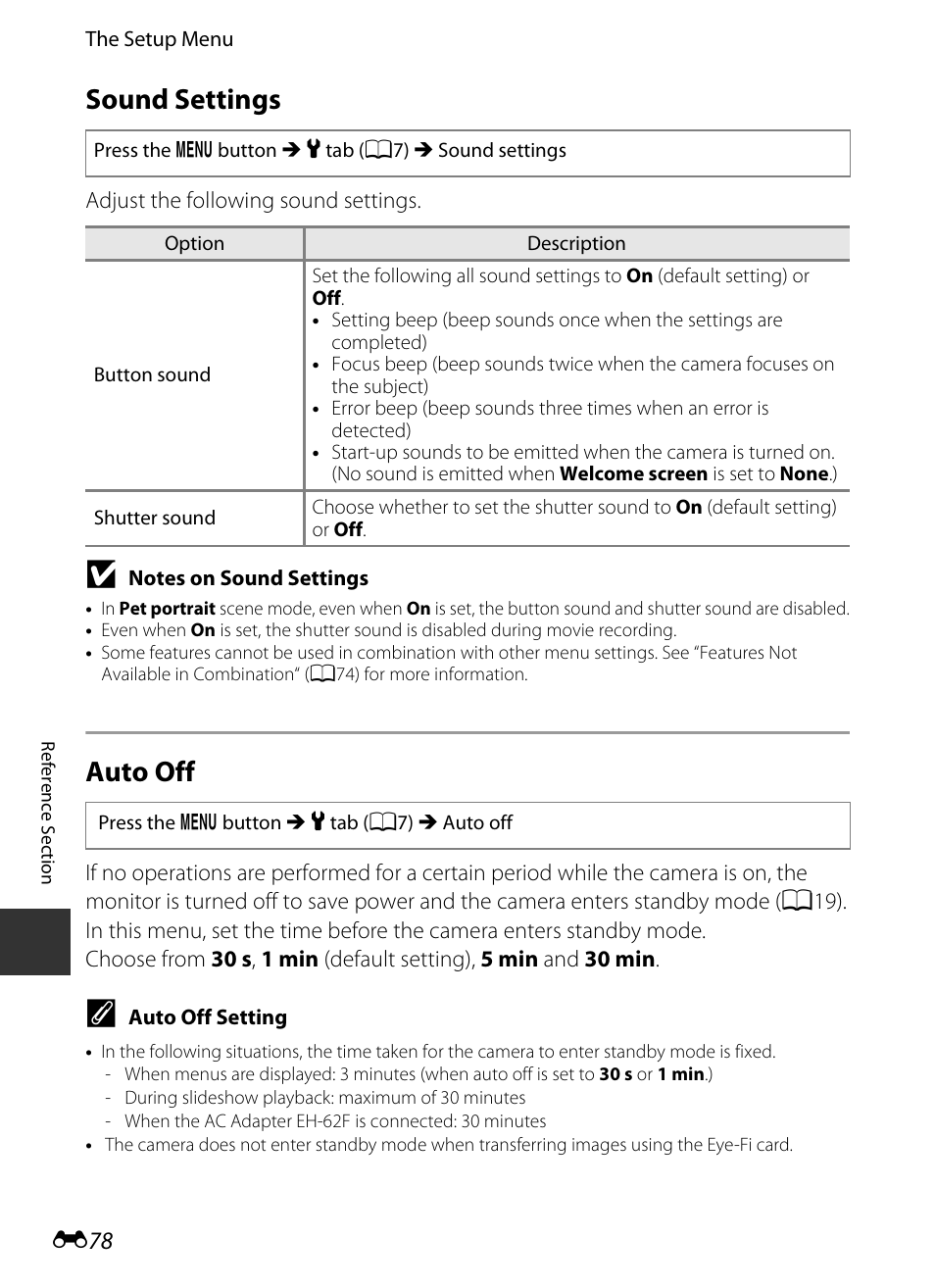 Sound settings, Auto off, E78) trig | E78) is, E78), E 78 | Nikon P330 User Manual | Page 202 / 252