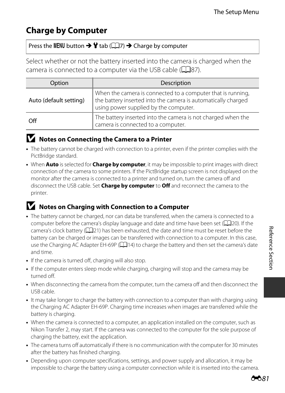 Charge by computer, E 81 | Nikon P330 User Manual | Page 205 / 252