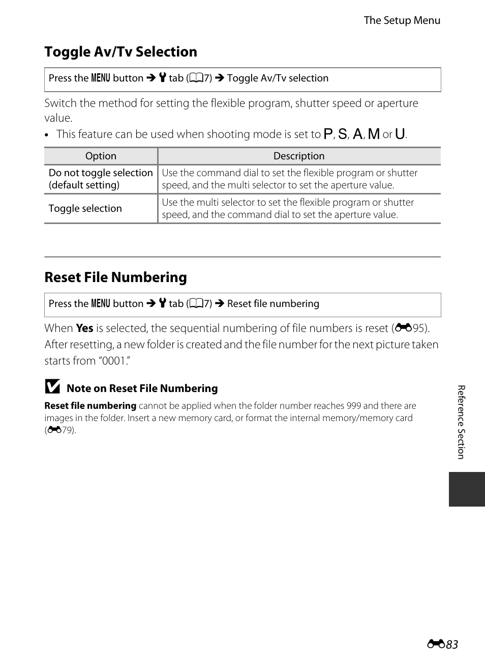 Toggle av/tv selection, Reset file numbering | Nikon P330 User Manual | Page 207 / 252