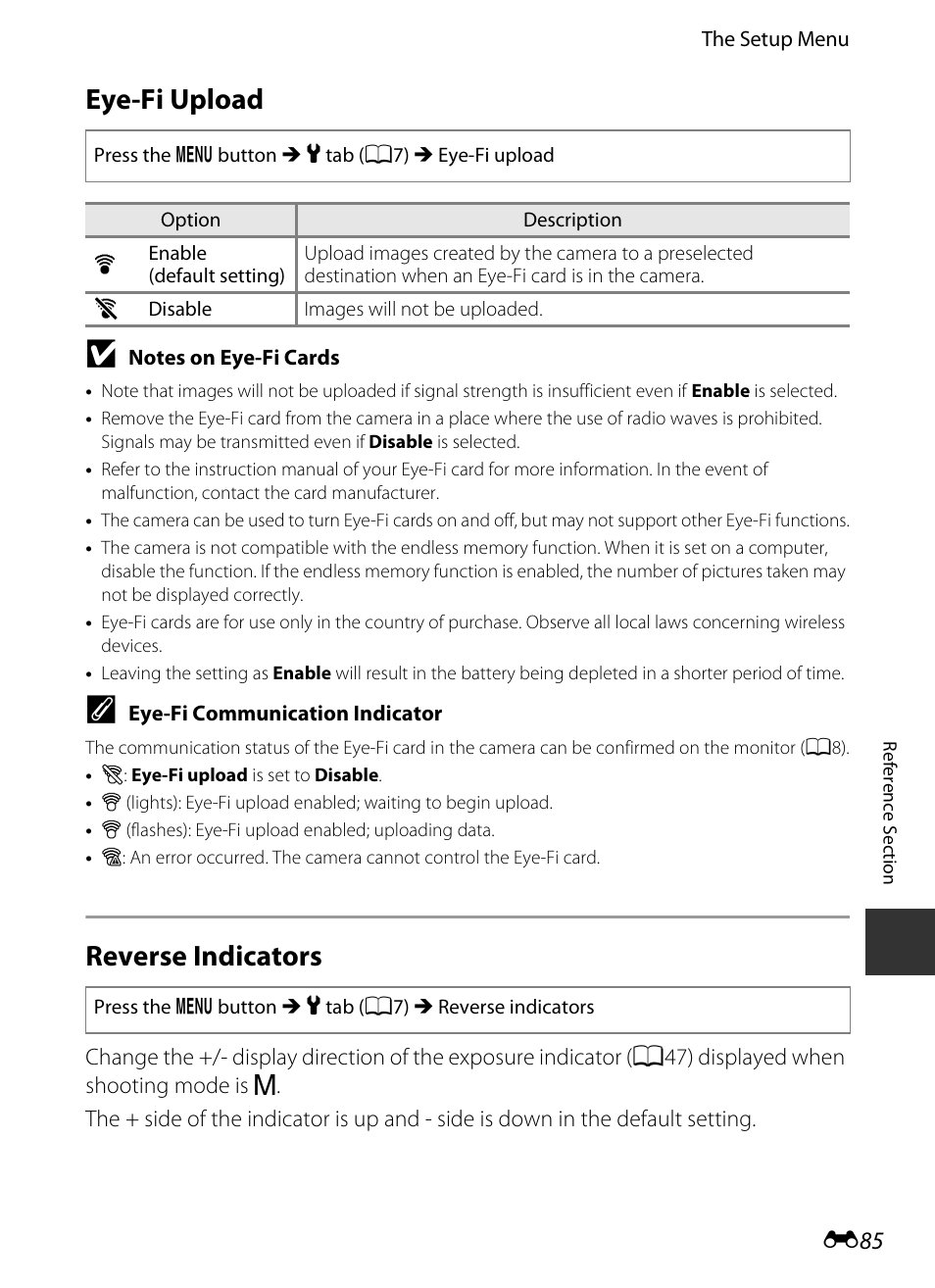 Eye-fi upload, Reverse indicators, E 85 | Nikon P330 User Manual | Page 209 / 252