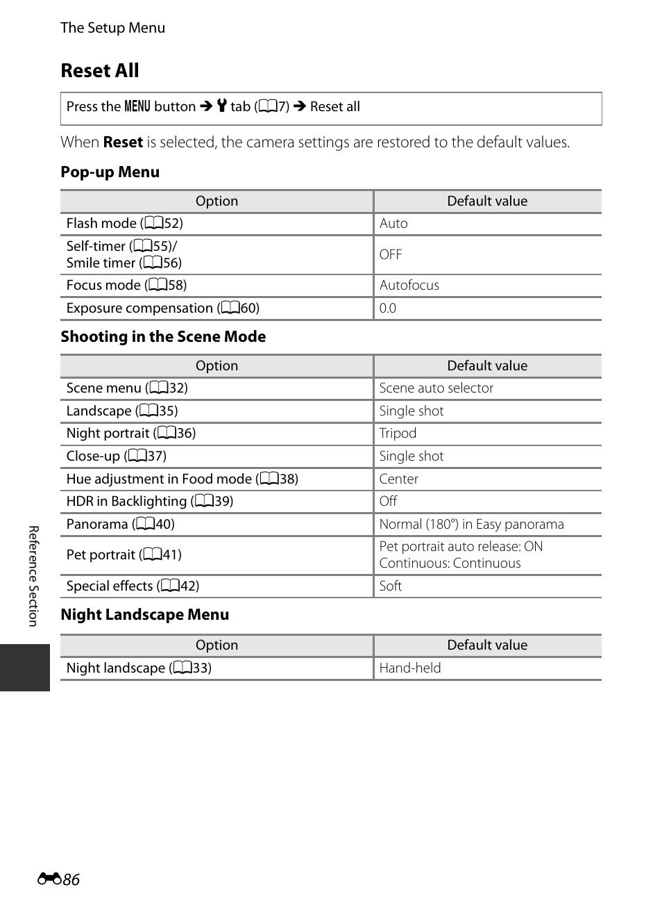 Reset all, E 86 | Nikon P330 User Manual | Page 210 / 252