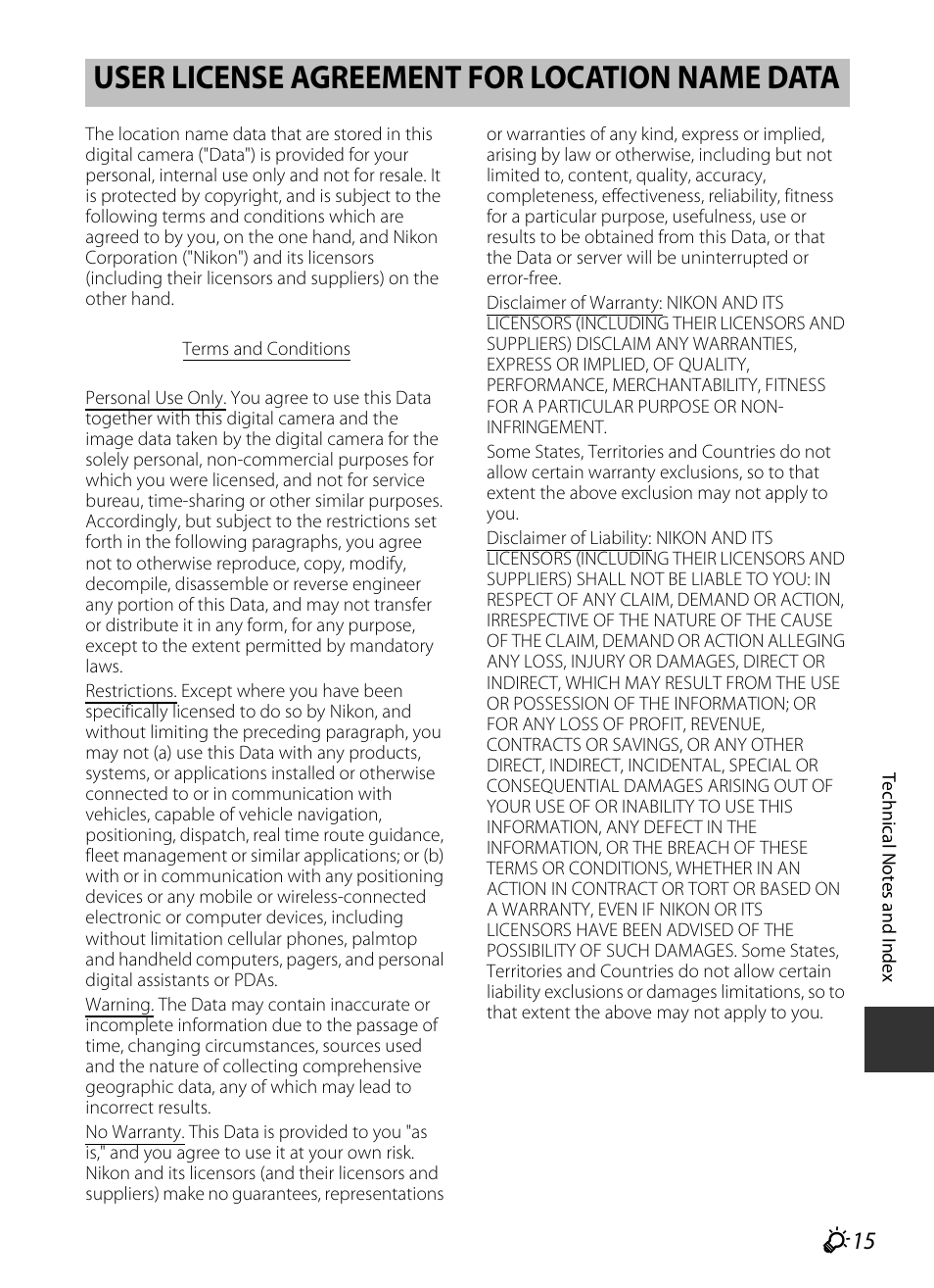 User license agreement for location name data, F15), F 15 | Nikon P330 User Manual | Page 237 / 252