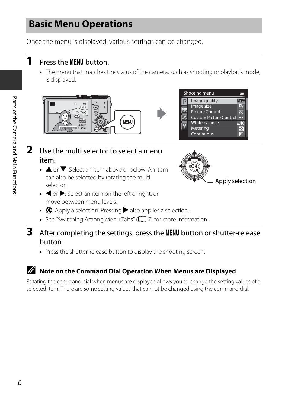 Basic menu operations, Press the d button, Use the multi selector to select a menu item | Nikon P330 User Manual | Page 24 / 252