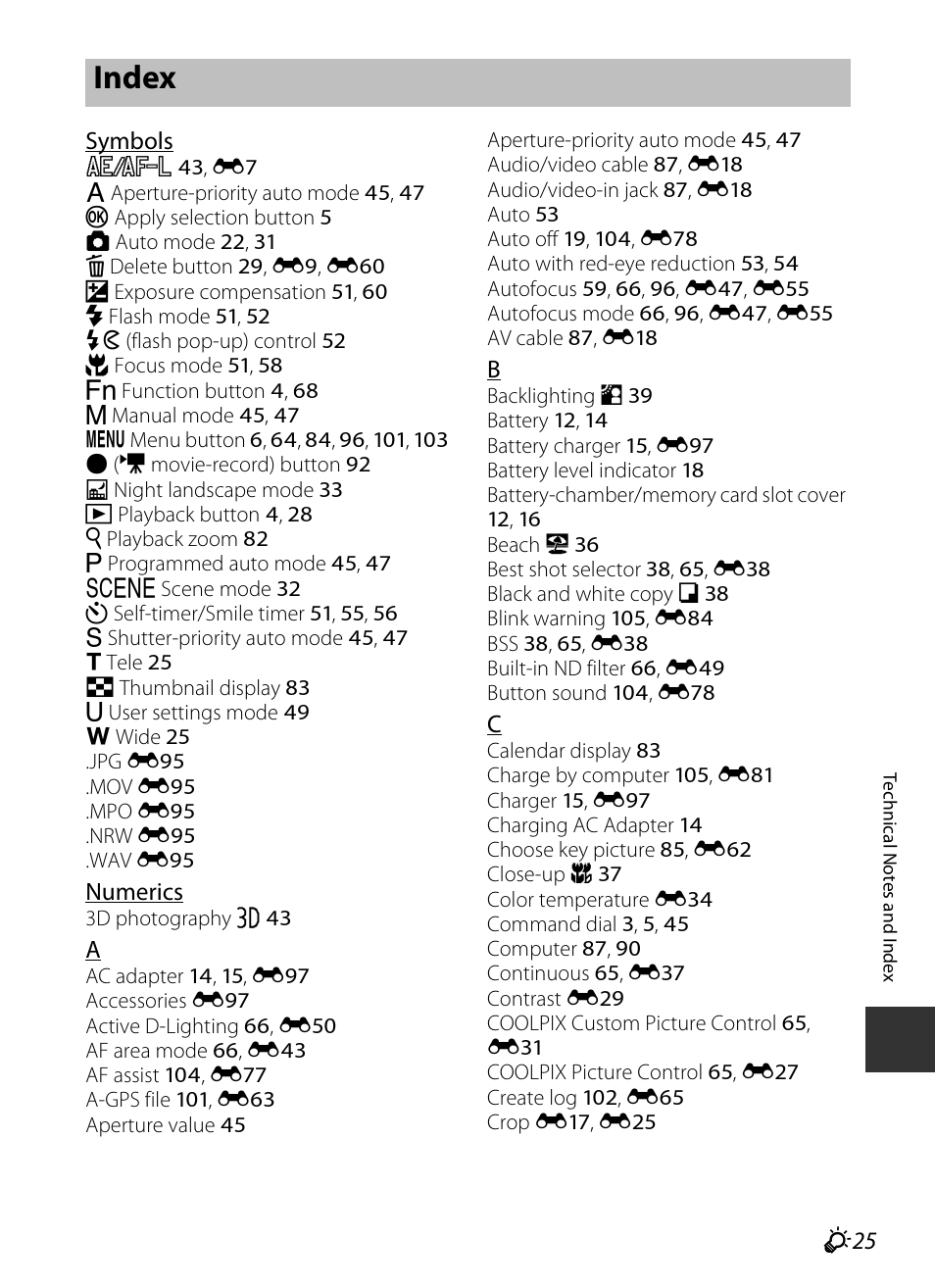 Index, F 25 | Nikon P330 User Manual | Page 247 / 252