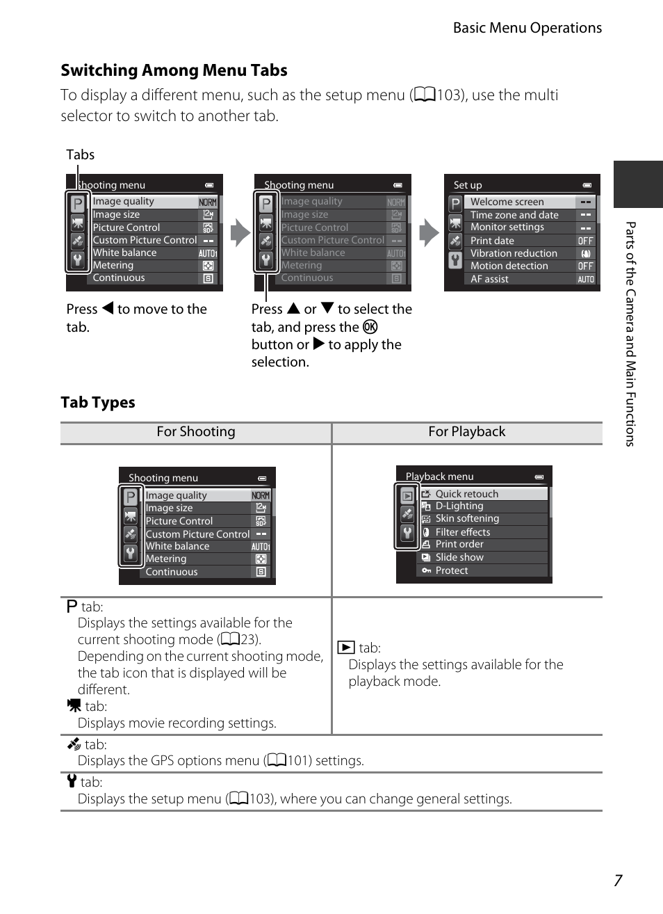 Switching among menu tabs, Basic menu operations | Nikon P330 User Manual | Page 25 / 252