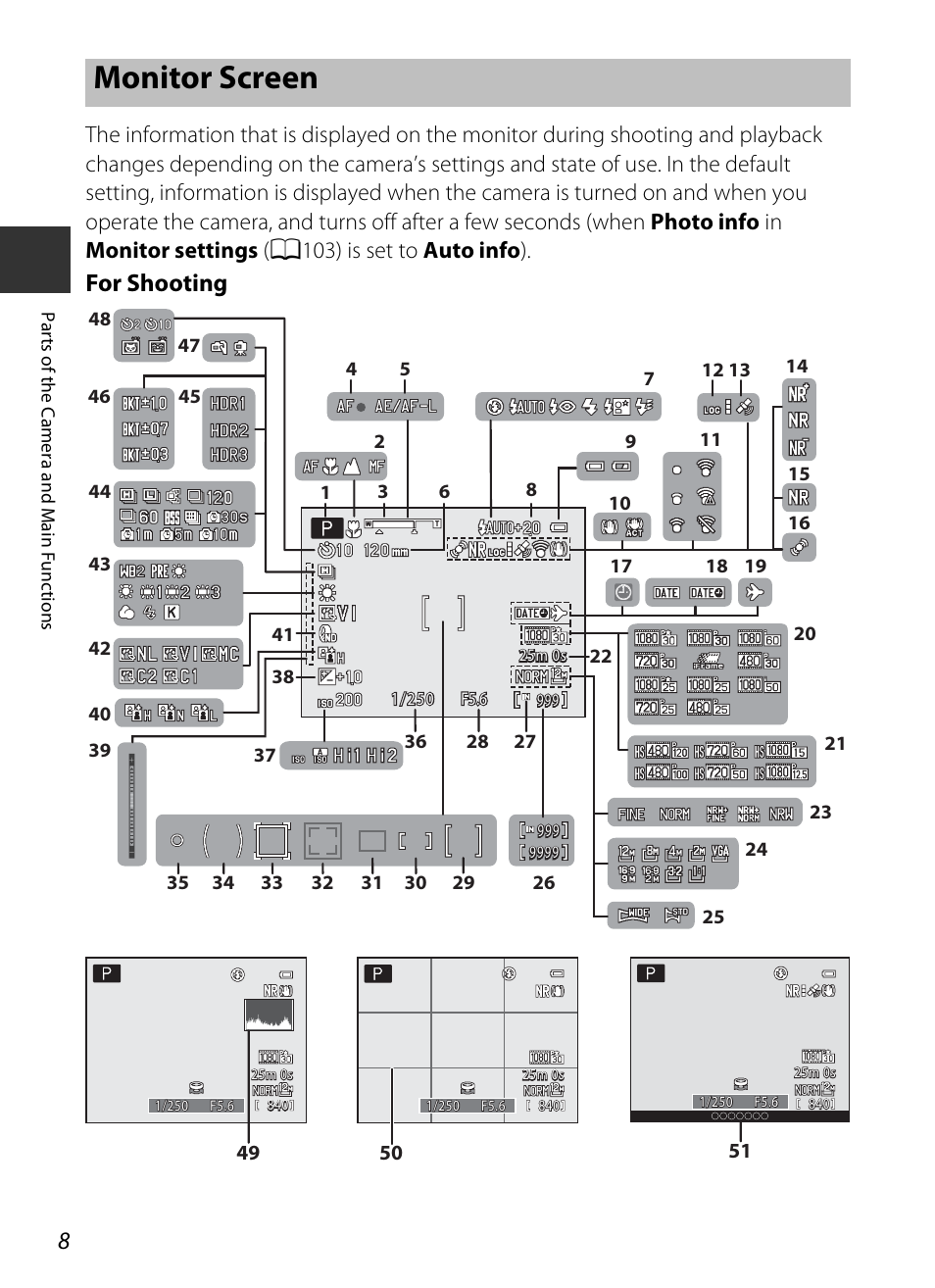 Monitor screen, For shooting | Nikon P330 User Manual | Page 26 / 252