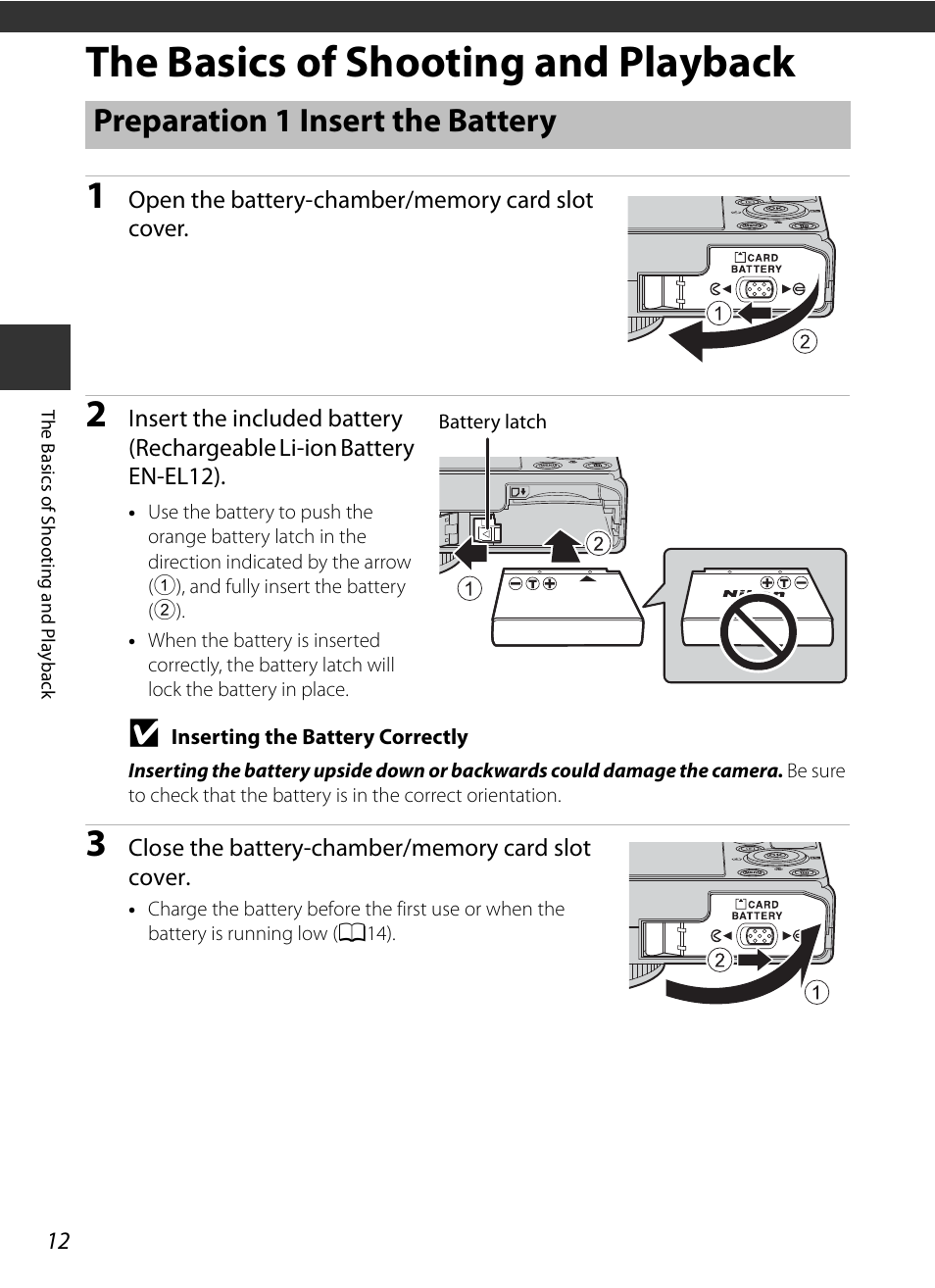 The basics of shooting and playback, Preparation 1 insert the battery | Nikon P330 User Manual | Page 30 / 252