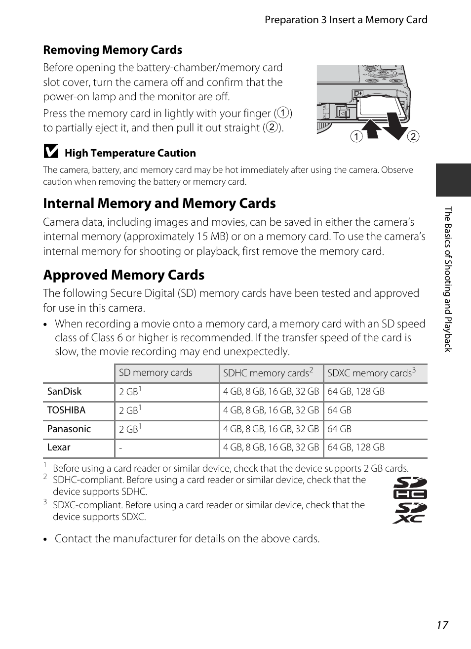 Internal memory and memory cards, Approved memory cards | Nikon P330 User Manual | Page 35 / 252