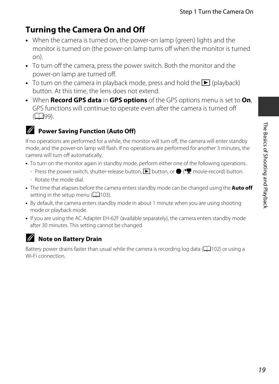 Turning the camera on and off, Ra off, A19) | Nikon P330 User Manual | Page 37 / 252