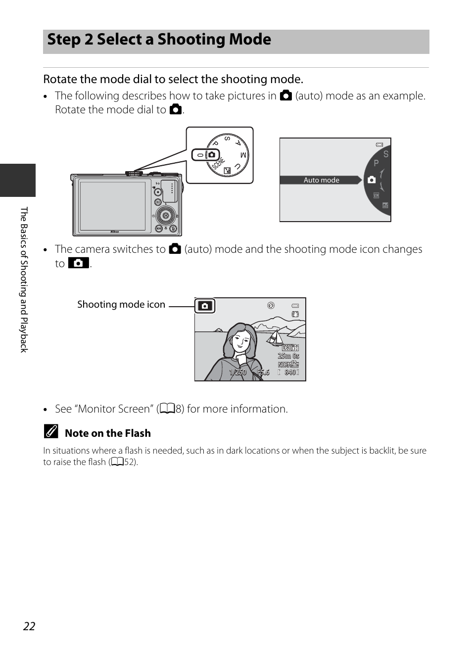 Step 2 select a shooting mode, Rotate the mode dial to select the shooting mode | Nikon P330 User Manual | Page 40 / 252