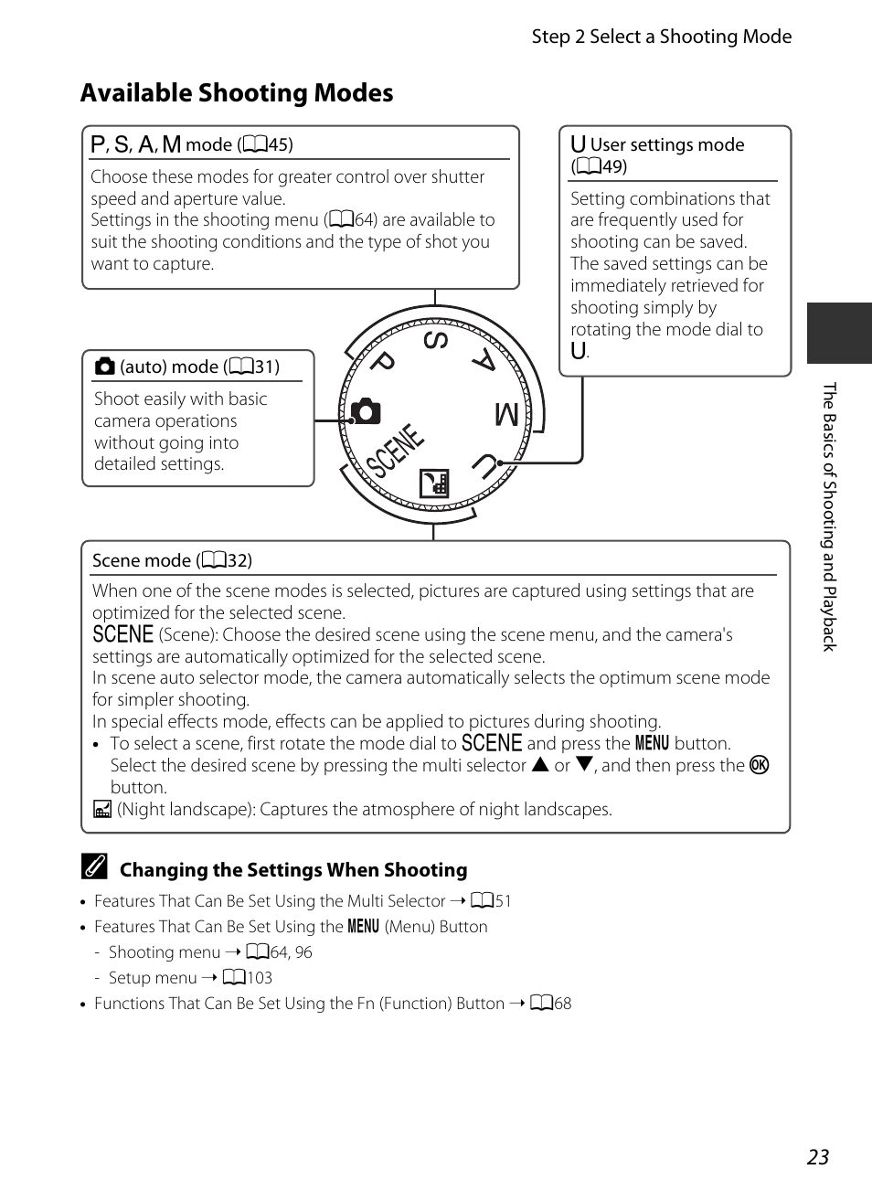 Available shooting modes, Current shooting mode, A23) | Nikon P330 User Manual | Page 41 / 252