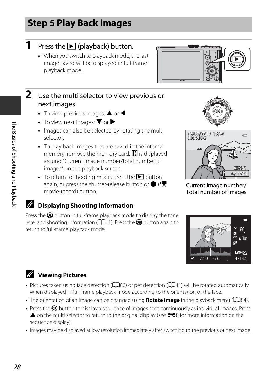 Step 5 play back images, A28), Press the c (playback) button | Nikon P330 User Manual | Page 46 / 252