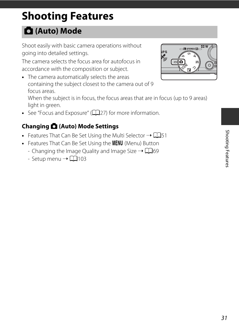 Shooting features, Auto mode, A (auto) mode | A31) | Nikon P330 User Manual | Page 49 / 252