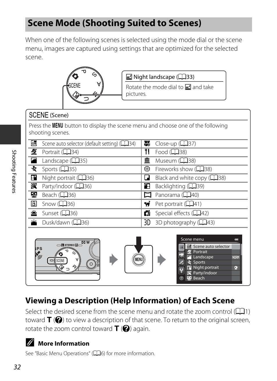 Scene mode (shooting suited to scenes), A32), Ed scene | Nikon P330 User Manual | Page 50 / 252